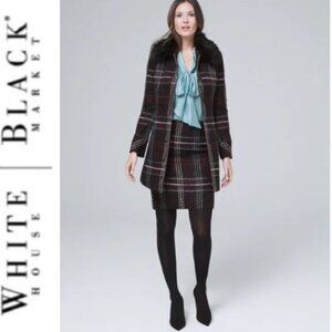NWT White House Black Market Black & Garnet Plaid Tweed “Boot” Skirt in Size 2
